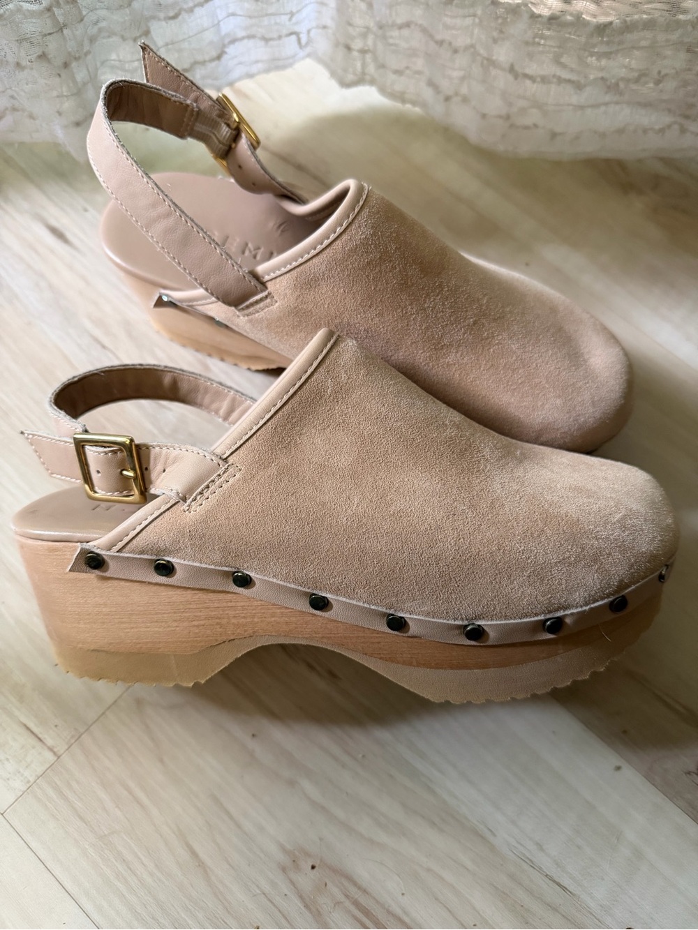 Neutral Suede Slingback Clogs with Studded Wood Platform